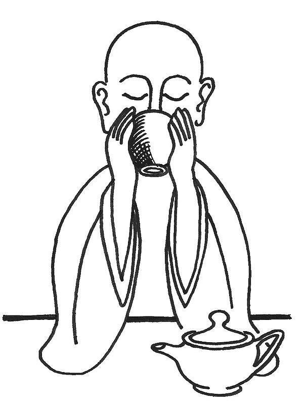 lineart, een zenmonnik drinkt thee